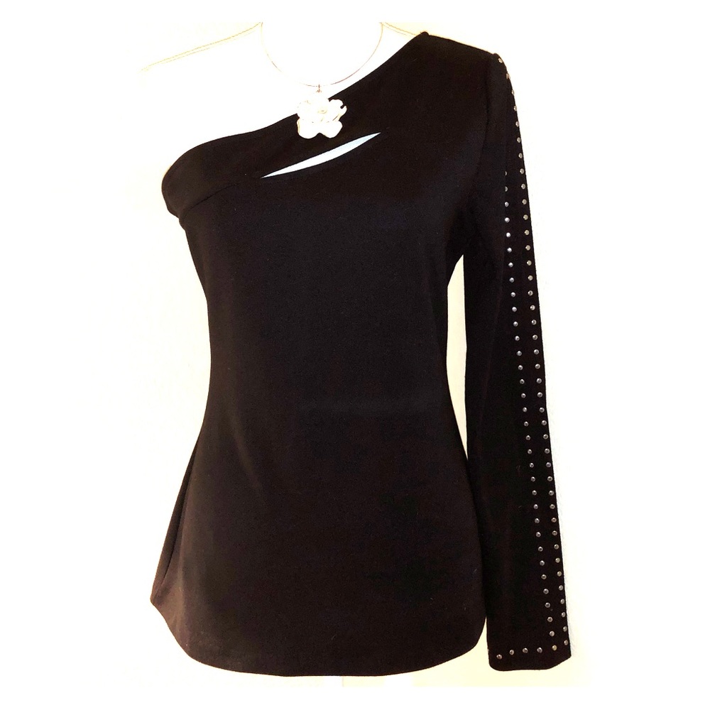 One Shoulder Black Studded Top by Guess